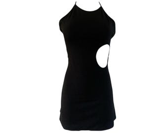 Vestido halter con cortes de los 90, minivestido negro, espalda baja, fiesta, vintage, años 90, minivestido negro, cuello halter, LBD, estilo grunge gótico, babydoll, talla S/pequeña