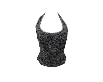 Velvet Glitter Halter Top 90s Sparkly Black Halter Floral Print Glitter Backless Party Glam Going Out Halter Top Vintage 1990s Medium/M