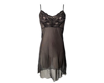 Black Mesh Dress 90's Mini Slip Dress Black Vintage 1990's Lingerie Goth Grunge Romantic Nightgown Sheer See Through Slip Dress Size - Large