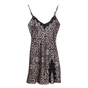 80s Black Satin Slip Dress Mini Lingerie Leopard Print Satin Slip Vintage Spaghetti Strap 1980s V Neck Line Slit Thigh Low Back Size XS