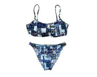 90's Floral Bikini Two Piece Set  BLUE Patchwork Bathing Suit High Waisted Boho Vintage Retro 1980's High Waist Bikini Vintage 1990s - M