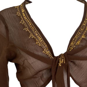 Puede incluir: Una blusa marr&oacute;n transparente de manga larga con cierre frontal de lazo y un escote en V profundo. Los bordes del escote est&aacute;n adornados con lentejuelas doradas y cuentas met&aacute;licas en un patr&oacute;n decorativo. La tela tiene una textura fina, arrugada y semitransparente.