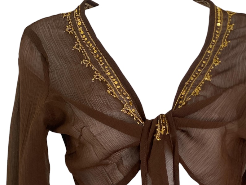 Puede incluir: Una blusa marr&oacute;n transparente de manga larga con cierre frontal de lazo y un escote en V profundo. Los bordes del escote est&aacute;n adornados con lentejuelas doradas y cuentas met&aacute;licas en un patr&oacute;n decorativo. La tela tiene una textura fina, arrugada y semitransparente.