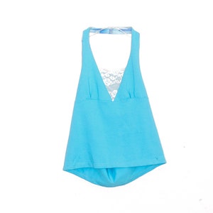 Y2K Blue Halter Top Vintage Blue Halter Top Empire Waist  Blue White Lace  V Neck Backless  90&#39;s  Blouse 90s Romantic Y2K Grunge  - Small