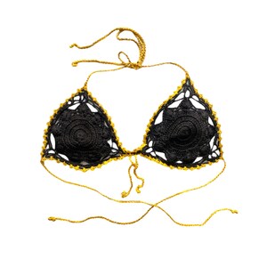 90年代 かぎ針編み ビキニトップ 水着 ブラック イエロー モッド