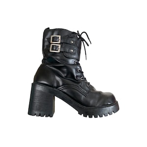 90&#39;s Platform Boots Black Ankle Boots Platform Vegan Leather High Block Heel Zipper Boot Grunge Boho Vintage 1990&#39;s Buckle Black Boots- 8