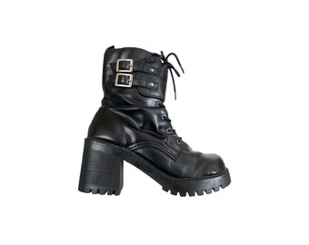 90's Platform Boots Black Ankle Boots Platform Vegan Leather High Block Heel Zipper Boot Grunge Boho Vintage 1990's Buckle Black Boots- 8