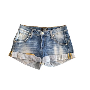 Y2K Denim Shorts Low Waisted Blue Jean Short 00s Mini Party Grunge 2000s Bebe Denim Jean Shorts Vintage Low Rise  Waist 24&quot; XXS Extra S