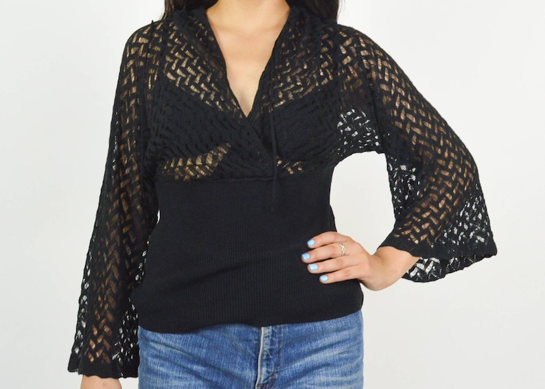90/'s Flare Sleeve Crochet Sheer ZIG ZAG TOP Black Knit Top Mod Grunge Minimalist Witchy Disco 70/'s Size Large V Neck