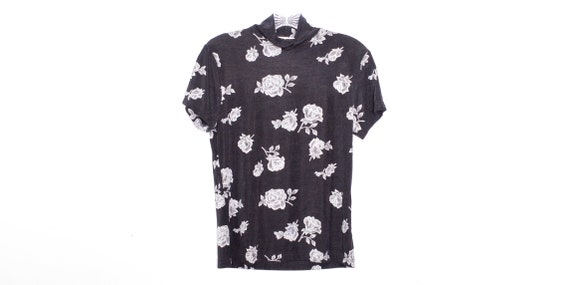 90's Floral Top 1990's Blouse Shirt Black White F… - image 1