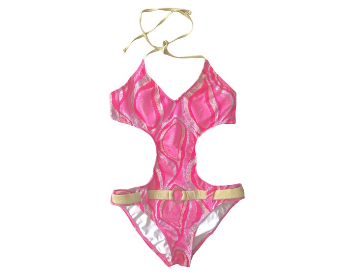 Pink Gold Y2K One Piece Swimsuit Monokini Backless V Neck Low Waisted