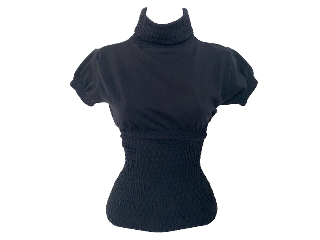 Y2K Black Turtleneck Shirt 90s Short Sleeve Shirt Boho Grunge