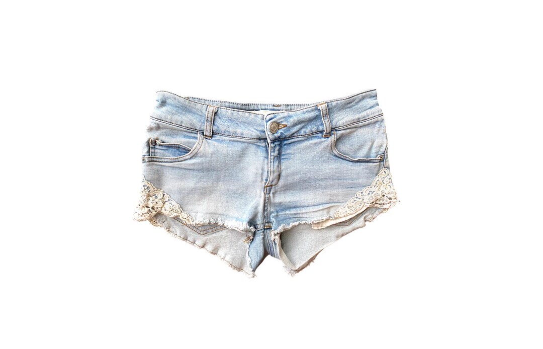 Y2K Denim Shorts Low Waisted Blue Jean Short Crochet Lace