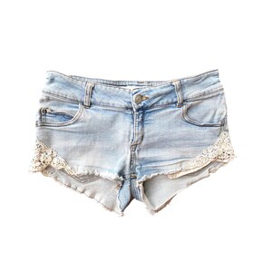 Y2K Denim Shorts Low Waisted Blue Jean Short Crochet Lace Grunge
