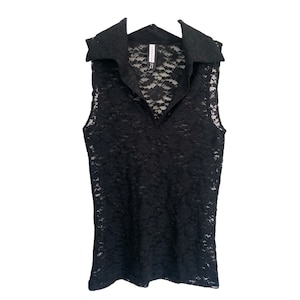 Black 90&#39;s Tank Top Lace Tank Top Y2K Top Boho Grunge Top Vintage 00&#39;s Stretchy Tank Top Collared V Neckline See Through Lace Top Size Small