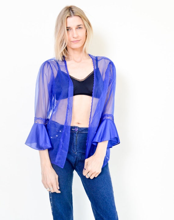 Blue Ruffle Shirt 1990s Blue  Pajama Sheer Shirt … - image 2