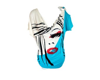 Y2K Cowl Neck Graphic Cold Shoulder Blouse Asymmetric Top 1990s Rhinestone Ruched Top Y2K Vintage 2000's Rhinestone Top - Size/Small/S