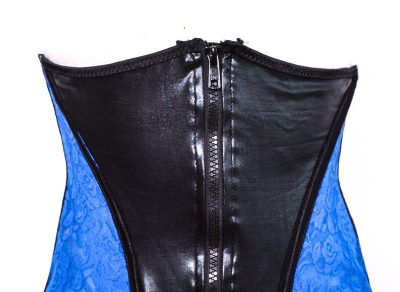 Y2K Corset Top 90's Bustier Top Zipper PVC Wetlook Floral Black Blue Lace Bustier Festival Grunge Boho Gothic Strapless Crop Top Corset M image 5