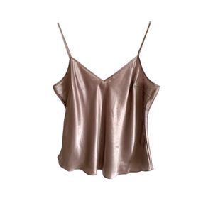 Y2K Satin Camisole Top 90s V Neckline Satin Camisole Blouse Taupe Brown Romantic Boho 80s Hippie Bohemian  Cami Undershirt Size 16/Large/L