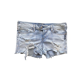 Y2K Denim Shorts Low Waisted Blue Jean Short 00s Mini Party Grunge 2000s Blue Distressed Denim Jean Shorts Vintage Low Rise Waist 29&quot; - L