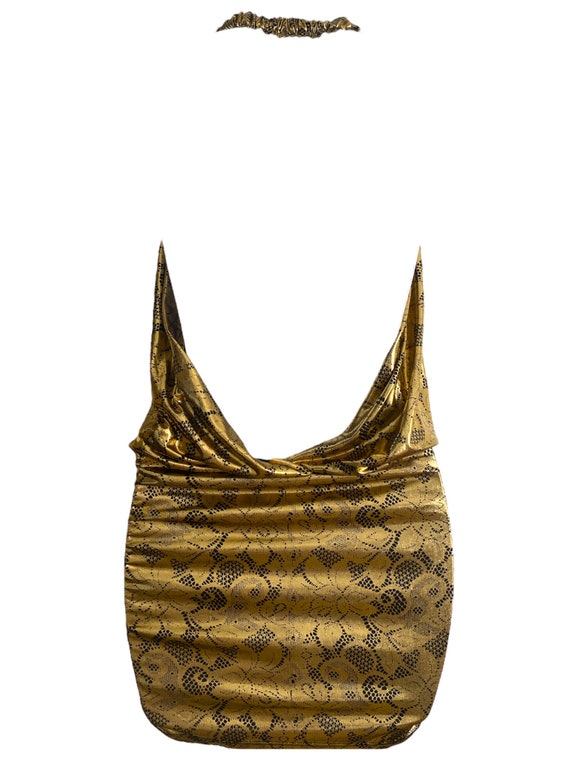Y2K Plunge Mini Dress V Neck Gold Metallic Shiny … - image 7