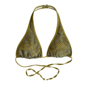 May include: A green halter bikini top with a mesh pattern. The top has adjustable straps and ties at the back.
