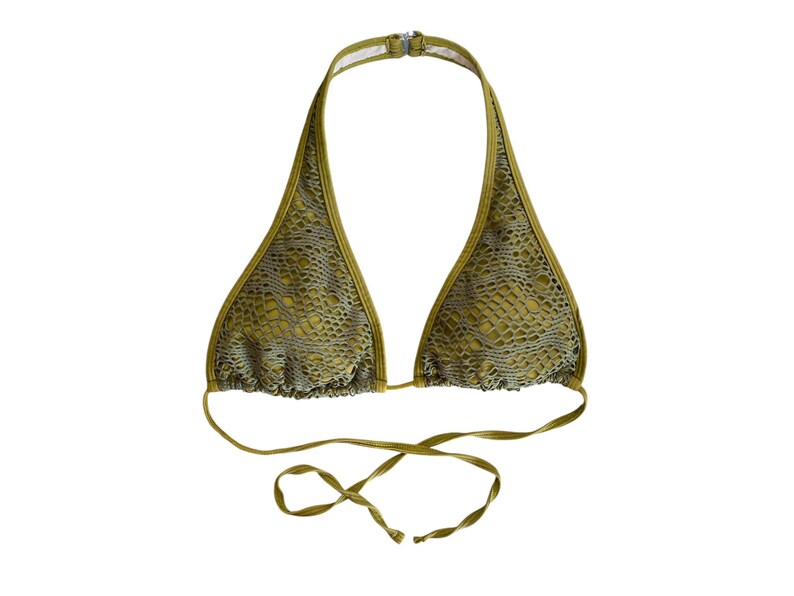 May include: A green halter bikini top with a mesh pattern. The top has adjustable straps and ties at the back.