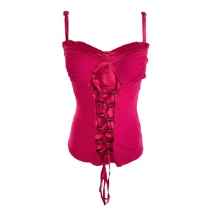 Pink Bustier Top 00&#39;s Lace Up Tank Top Pink Satin Ribbon Y2K Boho Grunge Vintage 00&#39;s Bustier Blouse Sweetheart Neckline Size - Large - L