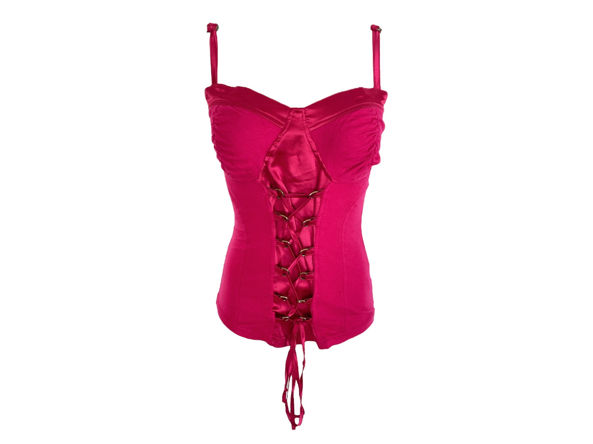 Pink Bustier Top 00's Lace up Tank Top Pink Satin Ribbon Y2K