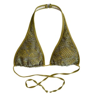 May include: A green halter-style bikini top with a mesh pattern. The top has adjustable straps and ties at the back.