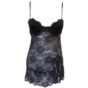 90&#39;s Lace Mesh Dress Black Mini Slip Dress Floral Vintage 2000s Nightgown Sheer See Through Slip Dress Romantic Grunge Slit Thigh Size -36 B