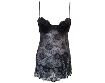 90's Lace Mesh Dress Black Mini Slip Dress Floral Vintage 2000s Nightgown Sheer See Through Slip Dress Romantic Grunge Slit Thigh Size -36 B