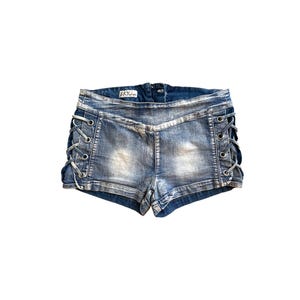Y2K Denim Shorts Low Waisted Blue Jean Short Lace Up Sides Bleached Out 2000s Denim Jean Shorts Stretchy Vintage Low Rise Size 13 - Large/L
