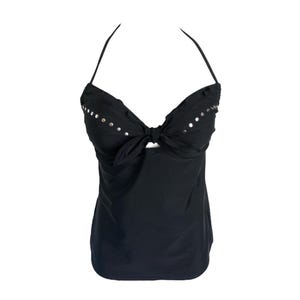 Studded Black Halter Top Y2k Vintage  Halter Neck Top V Neck Backless Blouse 2000s Romantic Swimwear Keyhole Ruffle Neck Vintage-  Large/L