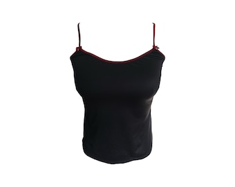 90's Black Tank Y2K Top Camisole Blouse Vintage 1990s Boho Romantic Goth Grunge Vintage Bohemian Spaghetti Strap Scoop Neck Bodycon Size -M