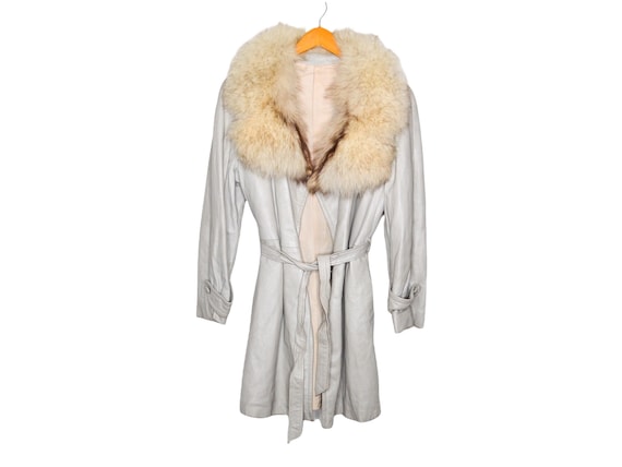 70's Cream Leather Jacket White Fur Collar Belted… - image 3