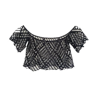 00&#39;s Black Mesh Top Y2K Top Grunge Goth See Through Fishnet Vintage 00&#39;s Short Sleeve Sheer Crop Waist Stretchy Festival Size Small /S
