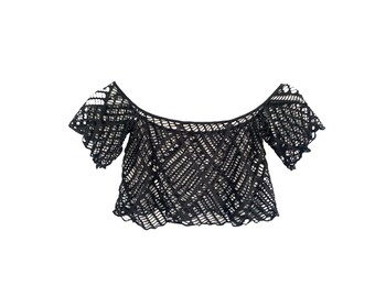 00's Black Mesh Top Y2K Top Grunge Goth See Through Fishnet Vintage 00's Short Sleeve Sheer Crop Waist Stretchy Festival Size Small /S