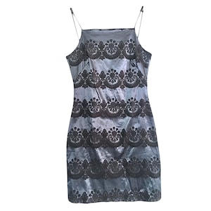 90&#39;s Floral Satin Dress Mini Dress Spaghetti Strap Slip Dress Black Silver Vintage 90s Straight Neck Line 00&#39;s Dress Low Back Size - L