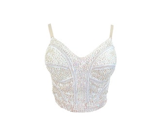 Beaded Sequin Bustier Bra Victorias Secret Gold Label Sequin Beaded Bra Festival Bohemian Bra Top White Sequin Vintage 1980's Size - Small