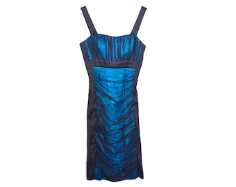 Y2K Black Textured Bodycon Dress 00s Mini Body Con Party vintage 1990s Plissé Ruched 2000's Metallic Blue Cocktail Dress S
