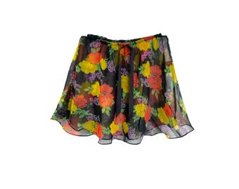 90er Jahre Blumen Minirock 1990er Jahre Schwarz Blumenrock Vintage Schiere Rock Hoch taillierte Schwarz Gelb Rot Gr. XS/S