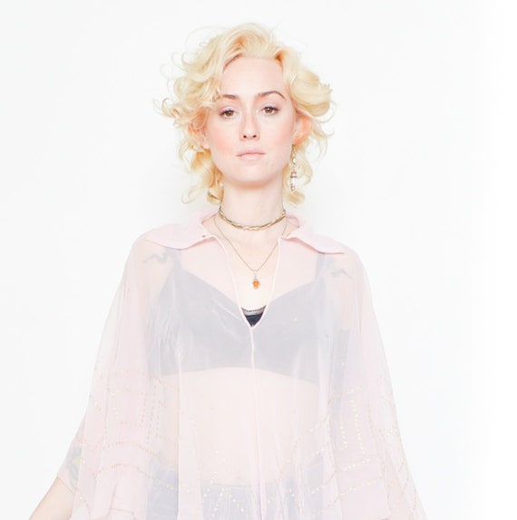 Chiffon Blouse Sheer Diamante Top 70s Boho Pink P… - image 3