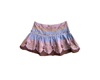 Beaded Mini Skirt Y2k Low Waist Skirt Blue Pink Hand Dyed Sequin Cotton  Skirt Never Worn 2000s Vintage Mini Skirt with ruffles- L/Large