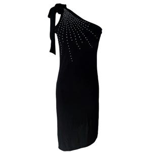 90s Party Dress Black Midi Dress 2000s Y2K One Shoulder 1990s Vintage Asymmetric Bodycon Stretchy Cocktail Tie Shoulder  Size - Large/L