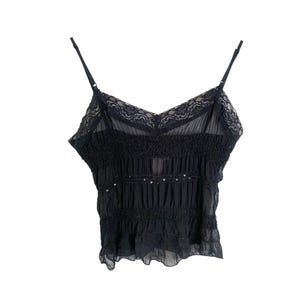 Ruched Black Sequin Tank Top Y2K Blouse 2000&#39;s Festival Sheer Mesh See Through Grunge Boho Romantic 90s Ruched Pleated Blouse Size - Large/L