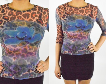 1990's FLORAL Animal SHEER SHIRT. Mesh Blouse. 90's Grunge Punk CLubkid