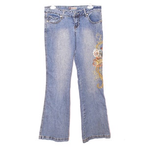 Flared Y2K Blue Jeans Cut Denim Y2K Flare Pants Low Rise Blue Denim Pants Floral Embroidered 2000s Pants Low Rise Boho Hippie  Vintage L
