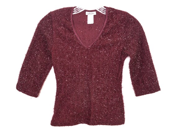 Y2K Fuzzy Top Red Sparkly Knit Crop Top 00's Fest… - image 2