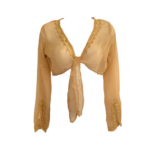 Y2K Silk Blouse Tie Waist Taupe Silk Chiffon Gold Sequin Romantic Boho Long Sleeve Bohemian Deep V Crop Top  Vintage Y2K Tie Waist Top-Small